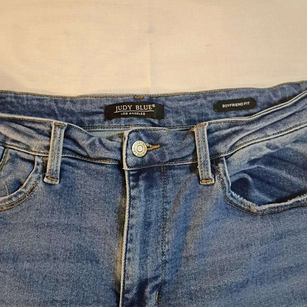 Judy Blue High Rise Boyfriend Fit Jeans Women's 20w Blue Stretch Denim Raw Hem